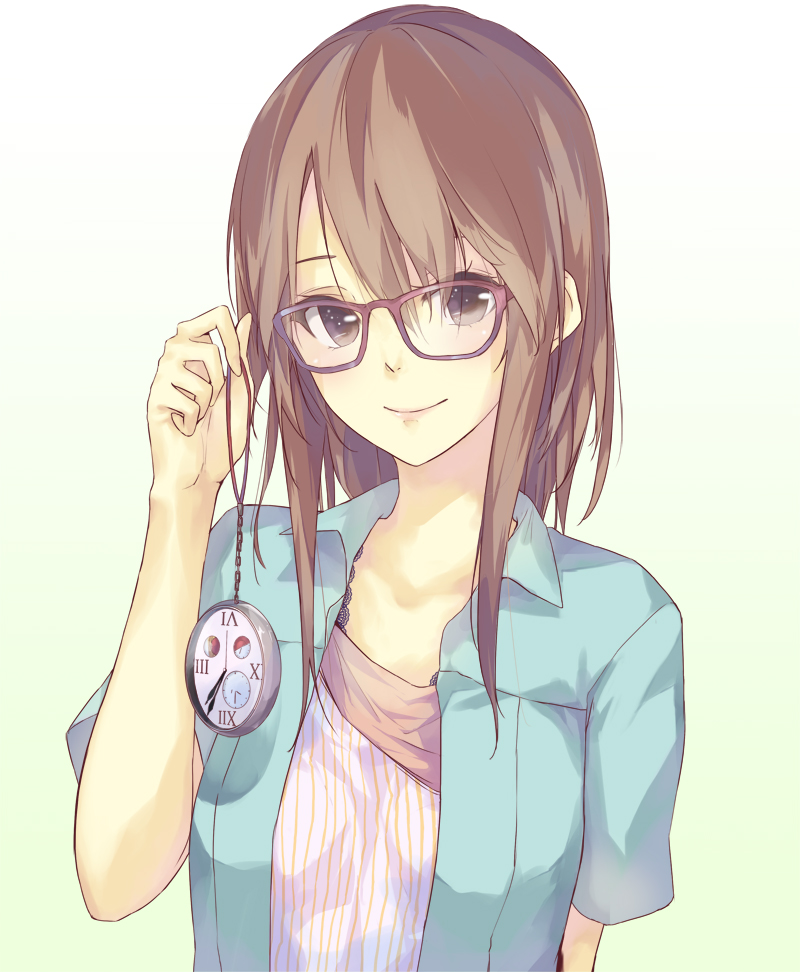 brown_eyes brown_hair bust glasses holding la-na long_hair looking_at_viewer original pocket_watch roman_numerals simple_background smile solo watch white_background