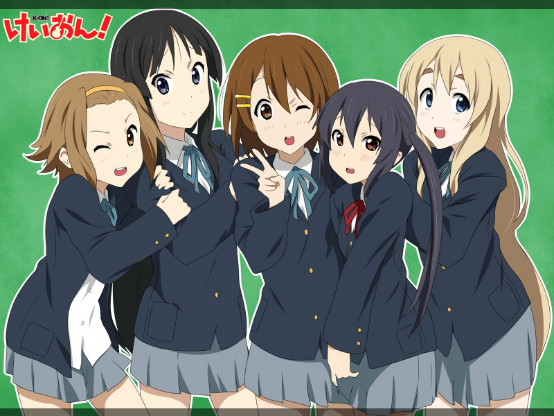 akiyama_mio arm_grab black_hair blazer blonde_hair blue_eyes blush brown_eyes brown_hair face hair_ornament hairband hairclip hirasawa_yui ikari_manatsu k-on! kotobuki_tsumugi long_hair multiple_girls nakano_azusa no_legwear revision ribbon school_uniform short_hair skirt smile tainaka_ritsu twintails v wink