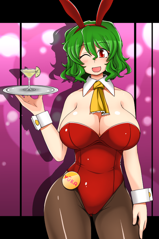 animal_ears ascot bare_shoulders bowtie breasts brown_legwear bunny_ears bunny_girl bunnysuit cleavage cocktail curvy detached_collar female green_hair kazami_yuuka large_breasts leotard lips lipstick makeup martini open_mouth pantyhose rabbit_ears red_eyes short_hair smile solo touhou tray unadare wink wrist_cuffs