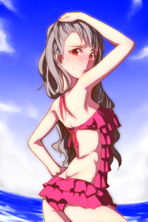 arm_up ass back black_hair blush clearite cloud from_behind grey_hair hand_on_hip hand_over_head idolmaster idolmaster_cinderella_girls kamiya_nao long_hair looking_at_viewer looking_back outdoors posing red_eyes sea sky smile solo standing sweatdrop swimsuit wading water wavy_mouth