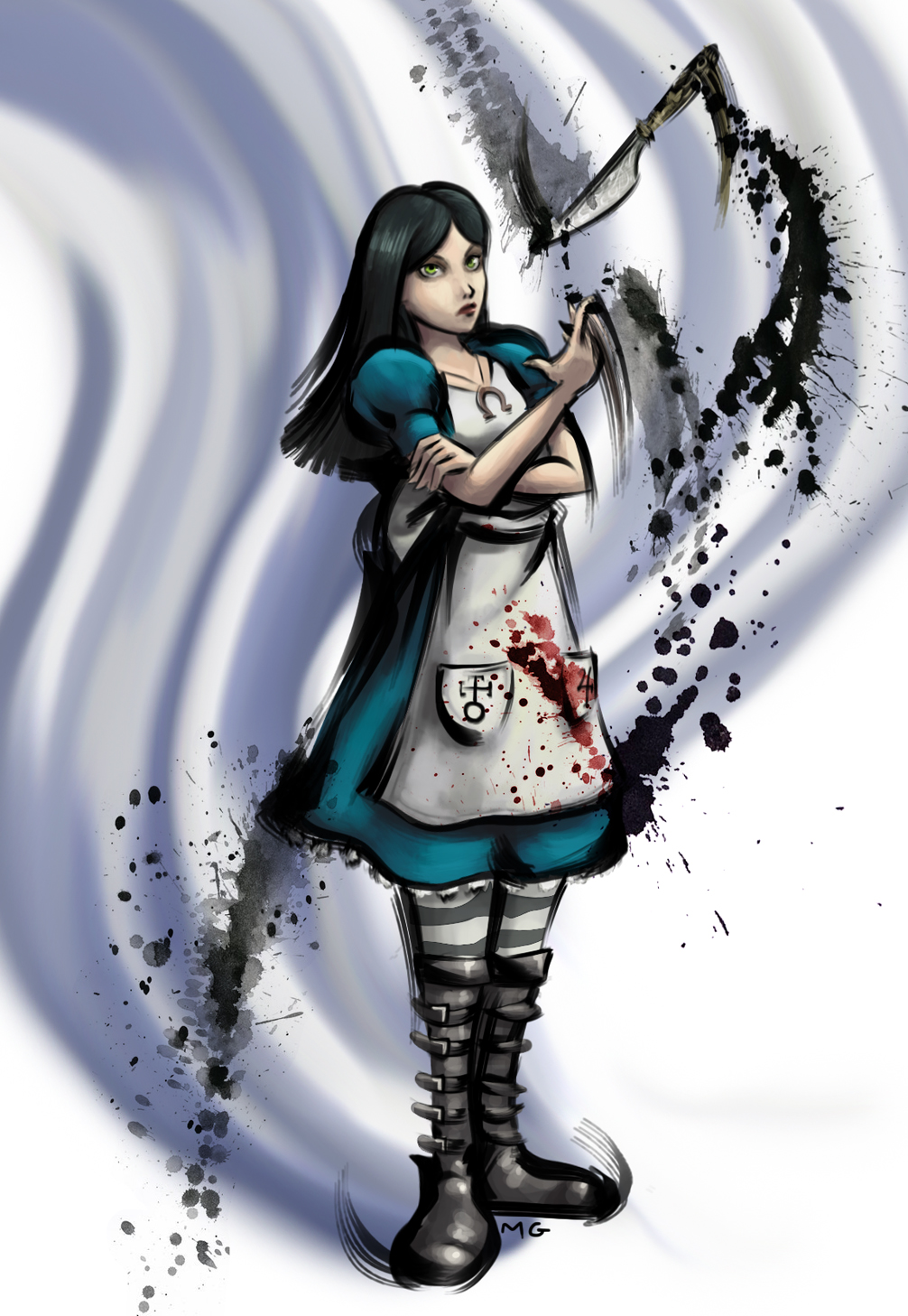 alice:_madness_returns alice_(wonderland) apron artist_name black_hair blood boots drawfag green_eyes highres jewelry knife long_hair mario_grant necklace omega_symbol pantyhose parody signature solo street_fighter street_fighter_iv striped striped_legwear style_parody