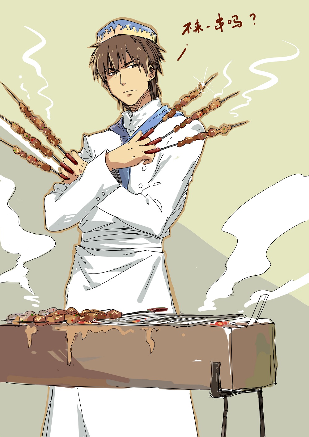 apron between_fingers brown_eyes brown_hair chef chef_hat chinese crossed_arms fate/zero fate_(series) flat_top_chef_hat food grill hat highres kebab kotomine_kirei linjie male short_hair skewer solo translation_request