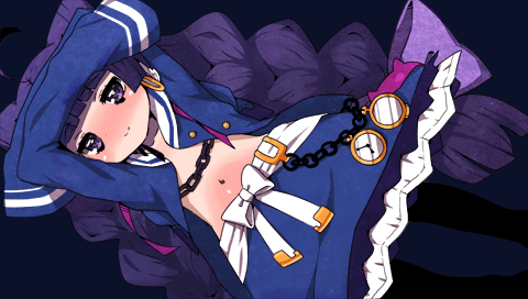 alice_(criminal_girls) arms_up blush body_blush braid criminal_girls ichihaya long_hair lowres navel official_art purple_eyes purple_hair simple_background sleeves_past_wrists smile solo twin_braids twintails violet_eyes