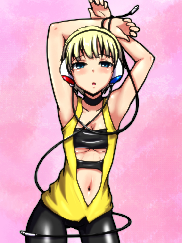 armpits arms_up blonde_hair blue_eyes blush breasts clearite gym_leader kamitsure_(pokemon) looking_at_viewer pantyhose pokemon pokemon_(game) pokemon_black_and_white pokemon_bw short_hair solo