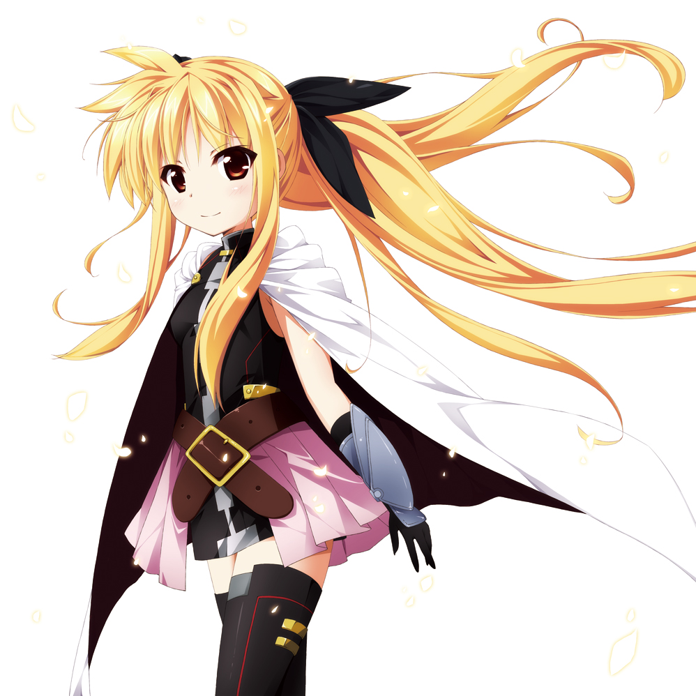 belt blonde_hair blush bow buckle cape fate_testarossa gauntlets gloves hair_bow kanzaki_sora long_hair lyrical_nanoha mahou_shoujo_lyrical_nanoha mahou_shoujo_lyrical_nanoha_a's mahou_shoujo_lyrical_nanoha_a's mahou_shoujo_lyrical_nanoha_the_movie_2nd_a's mahou_shoujo_lyrical_nanoha_the_movie_2nd_a's red_eyes skirt smile solo thigh-highs thighhighs twintails