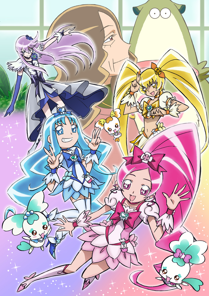 blonde_hair blue_eyes blue_hair boots bow brooch brown_eyes brown_hair choker chypre_(heartcatch_precure!) coffret_(heartcatch_precure!) coupe creature cure_blossom cure_marine cure_moonlight cure_sunshine dress flower grin hair_bow hair_flower hair_ornament hairpin hanasaki_kaoruko hanasaki_tsubomi heartcatch_precure! jewelry kurumi_erika long_hair magical_girl midriff multiple_girls myoudouin_itsuki navel official_style pink_eyes pink_hair ponytail potpourri_(heartcatch_precure!) precure puffy_sleeves purple_hair ribbon shoes single_elbow_glove single_glove skirt smile tawashi_(pixiv) thigh-highs thighhighs tsukikage_yuri twintails v white_legwear wrist_cuffs yellow_eyes