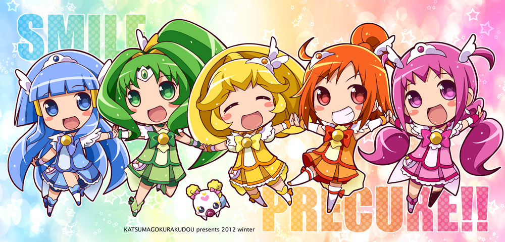 5girls :d antenna_hair aoki_reika bike_shorts blonde_hair blue_dress blue_eyes blue_hair blush_stickers boots bowtie brooch candy_(smile_precure!) chibi child choker closed_eyes cure_beauty cure_happy cure_march cure_peace cure_sunny dress eyes_closed green_dress green_eyes green_hair grin hair_bun hair_tubes hands_together happy head_wings hino_akane hoshizora_miyuki jewelry katsuma_rei kise_yayoi long_hair magical_girl midorikawa_nao multiple_girls no_nose open_mouth orange_dress orange_hair pacifier pink_dress pink_eyes pink_hair ponytail precure rainbow_background rainbow_order red_eyes shoes short_hair shorts_under_skirt skirt smile smile_precure! tiara title_drop tri_tails twintails wrist_cuffs yellow_dress