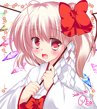 alternate_costume artist_name blonde_hair blush bow bust fang flandre_scarlet gohei hair_bow japanese_clothes long_sleeves looking_at_viewer lowres miko open_mouth red_eyes rika-tan_(artist) side_ponytail signature smile solo touhou wide_sleeves wings