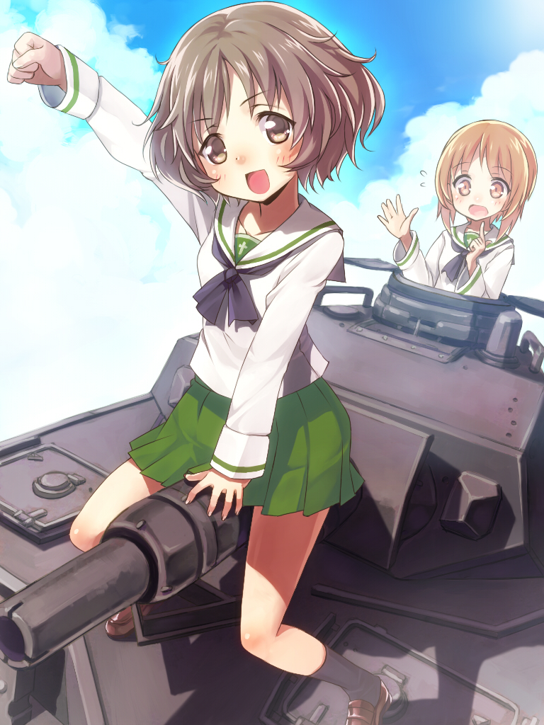 :d akiyama_yukari arm_up black_hair blush brown_eyes brown_hair flying_sweatdrops girls_und_panzer military military_vehicle multiple_girls nishizumi_miho open_mouth school_uniform serafuku short_hair skirt smile straddle sweatdrop tank umeboshitora vehicle