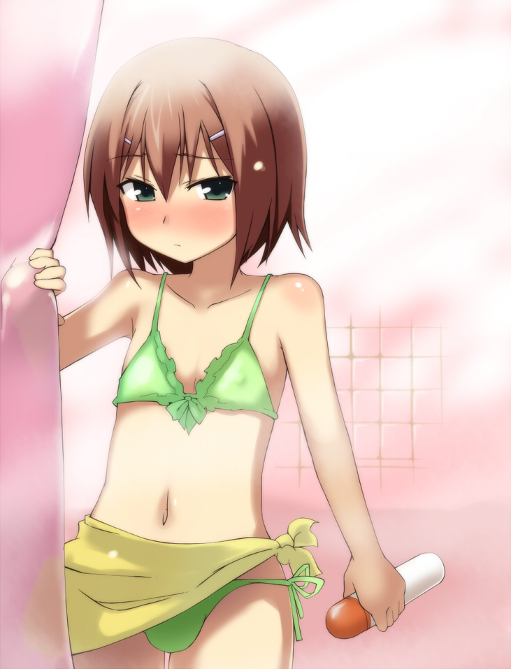 atahuta baka_to_test_to_shoukanjuu bikini blush brown_hair crossdressinging curtains green_eyes hair_ornament hairclip kinoshita_hideyoshi looking_at_viewer lotion male short_hair side-tie_bikini side_tie-bikini solo swimsuit trap