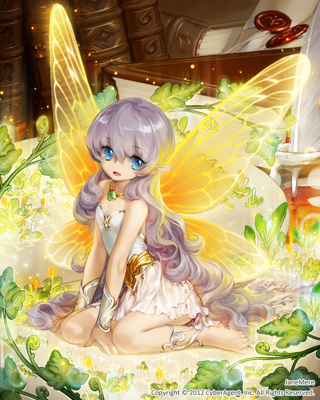 :d artist_name bare_shoulders barefoot blue_eyes book butterfly_wings character_name dress fairy janemere jewelry light_particles long_hair minigirl necklace open_mouth pointy_ears silver_hair sitting smile solo tenkuu_no_crystalia very_long_hair watermark wings