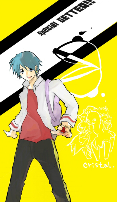 1boy blue_hair crystal_(pokemon) genderswap heburu holding holding_poke_ball looking_at_viewer poke_ball pokemon pokemon_special