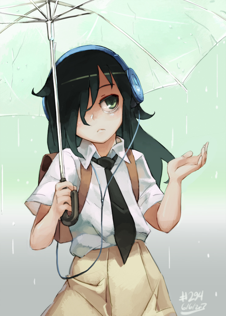 1girl bags_under_eyes beats_by_dr._dre black_hair dated flat_chest green_eyes hair_over_one_eye headphones junkpuyo kuroki_tomoko long_hair necktie rain school_uniform skirt solo umbrella watashi_ga_motenai_no_wa_dou_kangaetemo_omaera_ga_warui!