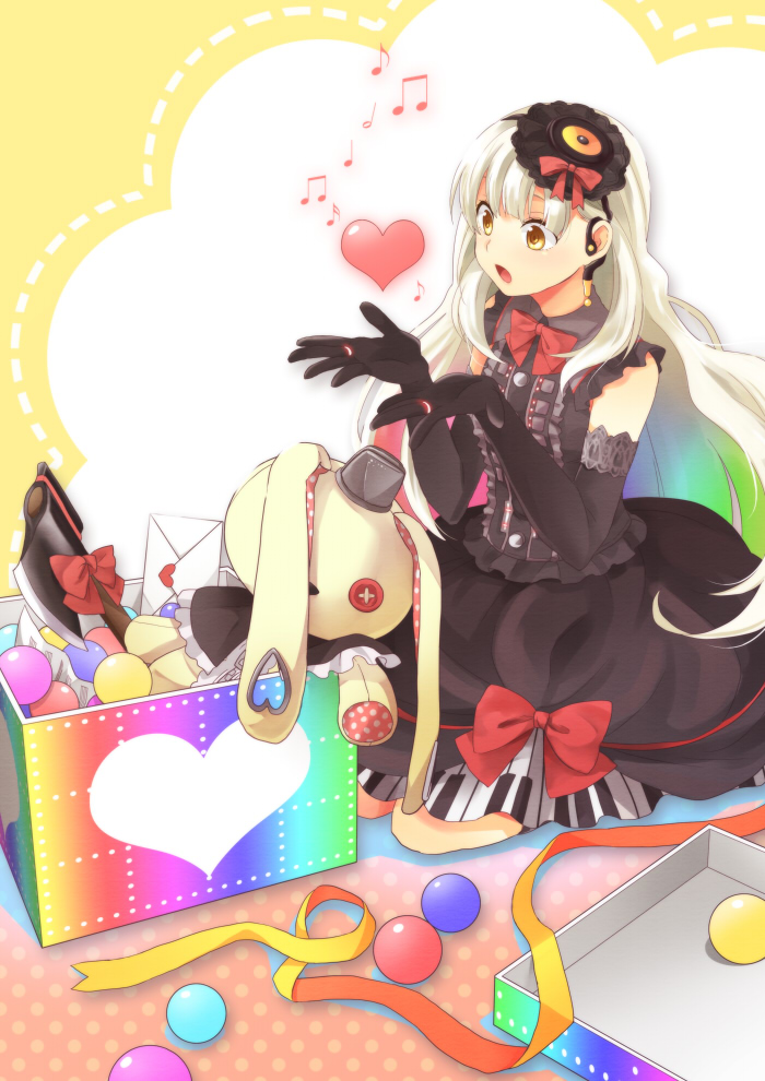 box doll elbow_gloves gloves heart letter mayu_(vocaloid) musical_note piano_print ryou_(fallxalice) vocaloid weapon yellow_eyes