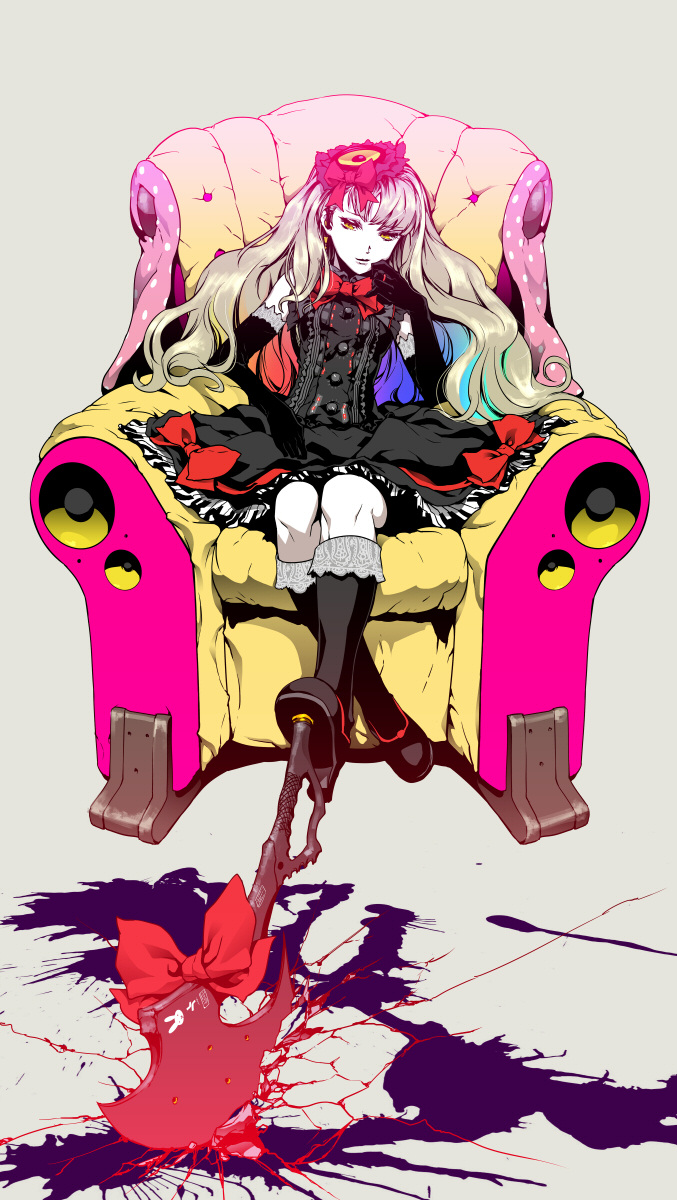 bow couch crack dress elbow_gloves gloves highres kneehighs long_hair mayu_(vocaloid) multicolored_hair nagimiso sitting vocaloid weapon windows yellow_eyes