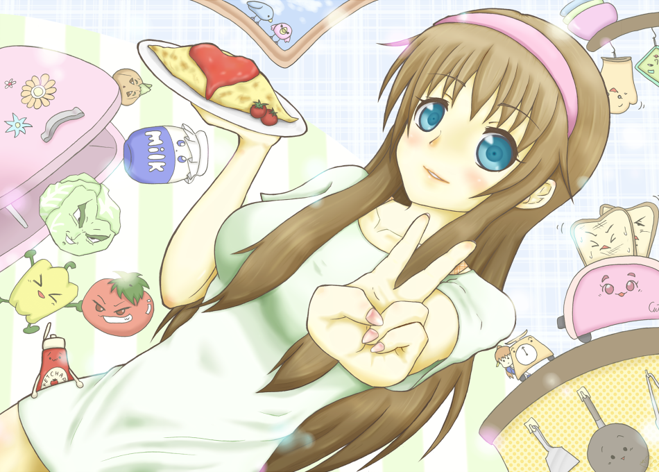blue_eyes blush breasts brown_hair dead_or_alive dutch_angle food hairband hitomi ketchup koshirou large_breasts lettuce long_hair nail_polish naked_shirt omelet peppers personification plate refrigerator solo t-shirt toast tomato v