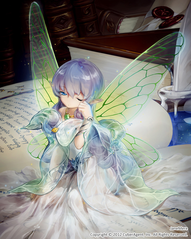 artist_name bare_shoulders barefoot blue_eyes book butterfly_wings character_name dress fairy janemere jewelry light_particles long_hair minigirl necklace pointy_ears silver_hair sitting solo tenkuu_no_crystalia very_long_hair watermark wings wink