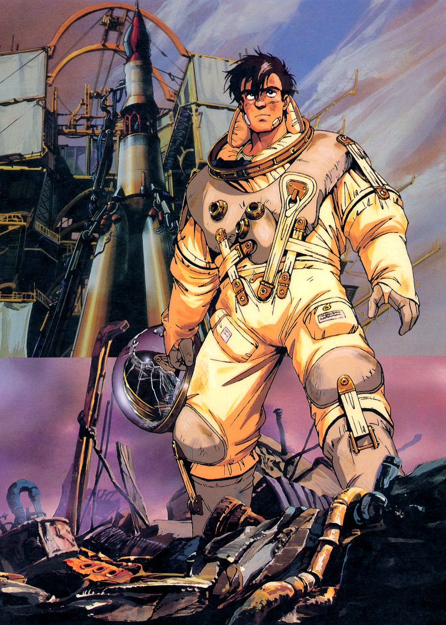 80s armor astronaut bandaid black_eyes boots brown_hair cloud clouds damaged debris dirt dirty dust epic fog gainax gloves helmet highres honneamise_no_tsubasa injury manly official_art oldschool production_art promotional_art realistic rocket ruins scan science_fiction serious shirotsugh_lhadatt short_hair smoke space_craft spacesuit traditional_media