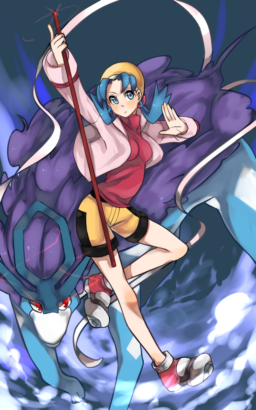 1girl bare_legs bike_shorts blue_eyes blue_hair breasts crystal_(pokemon) earrings hat highres jewelry looking_at_viewer pokemon pokemon_(creature) pokemon_(game) pokemon_gsc red_eyes suicune tohru1409 twintails