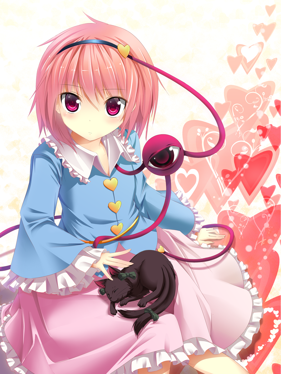 blush bug bug_(artist) cat hairband heart highres kaenbyou_rin kaenbyou_rin_(cat) komeiji_satori looking_at_viewer neko pink_eyes pink_hair short_hair skirt sleeping solo third_eye touhou