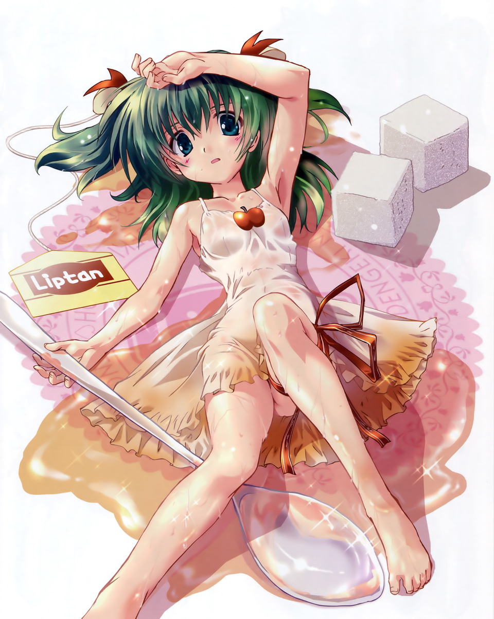 :d arm_up barefoot blue_eyes blush dress feet food_themed_clothes green_hair highres komatsu_eiji liptan lying minigirl navel no_bra on_back open_mouth original panties personification red_panties see-through side-tie_panties smile solo spoon stain sugar_cube teabag toes underwear wet wet_clothes white_dress