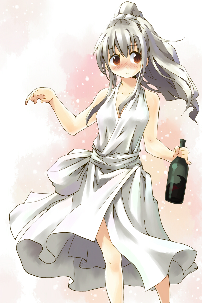 blush bottle dress drunk grey_hair long_hair original ponytail retsujou_(yudepii) solo yudepii yuderupii