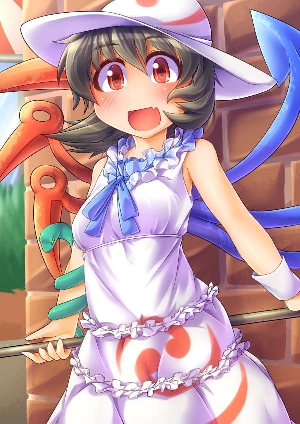 :d alternate_costume asymmetrical_wings bare_shoulders black_hair blush brick_wall contemporary dress fang fun_bo holding houjuu_nue open_mouth red_eyes short_hair smile solo touhou wings wrist_cuffs