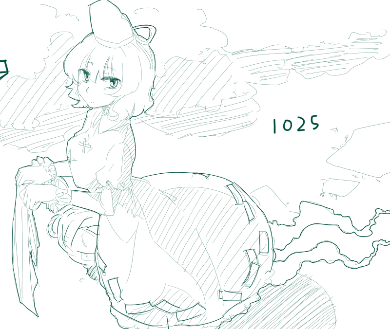 breasts dress ghost_tail hat holding juliet_sleeves long_sleeves looking_at_viewer monochrome puffy_sleeves short_hair sketch soga_no_tojiko solo takuzui touhou
