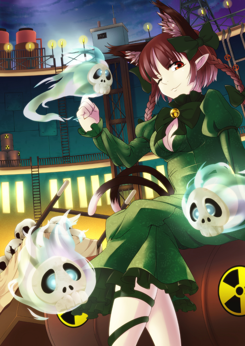 :3 animal_ears barrel bell braid breasts cat_ears cat_tail cleavage diohazard dress extra_ears ghost grin hair_ribbon highres kaenbyou_rin ladder multiple_tails pointy_ears radiation_symbol red_eyes red_hair redhead ribbon sitting skull smile solo star_(sky) tail touhou twin_braids wheelbarrow wink