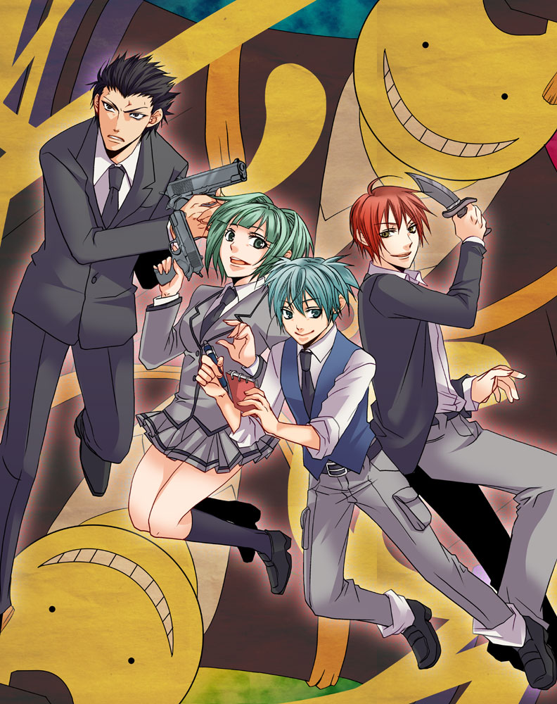 3boys akabane_karma ansatsu_kyoushitsu assassination_classroom black_hair blue_hair formal green_hair grin gun karasuma_tadaomi kayano_kaede knife koro-sensei multiple_boys notepad pistol red_hair redhead school_uniform shiota_nagisa smile suit vest weapon