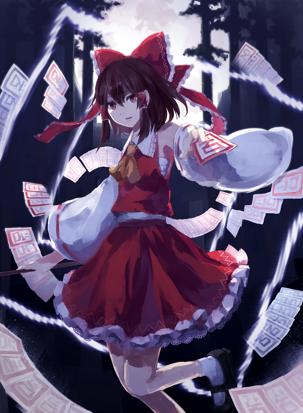 60mai ascot bandage bandages bow brown_eyes brown_hair detached_sleeves forest gohei hair_bow hair_tubes hakurei_reimu highres long_sleeves looking_at_viewer nature outstretched_arm outstretched_hand sarashi shirt skirt skirt_set sky solo spell_card touhou tree wide_sleeves