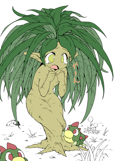 caterpillar dryad dryad_(seiken_densetsu) green_eyes mandragora open_mouth partially_colored plant plant_girl seiken_densetsu solo tears yudepii yuderupii