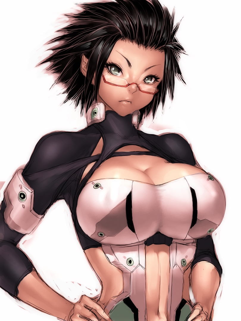 aki_(pso2) black_eyes black_hair bodysuit breasts cleavage fumio_(rsqkr) glasses hands_on_hips large_breasts navel phantasy_star phantasy_star_online_2 red-framed_glasses rough short_hair simple_background solo spiked_hair tiger_pierce white_background