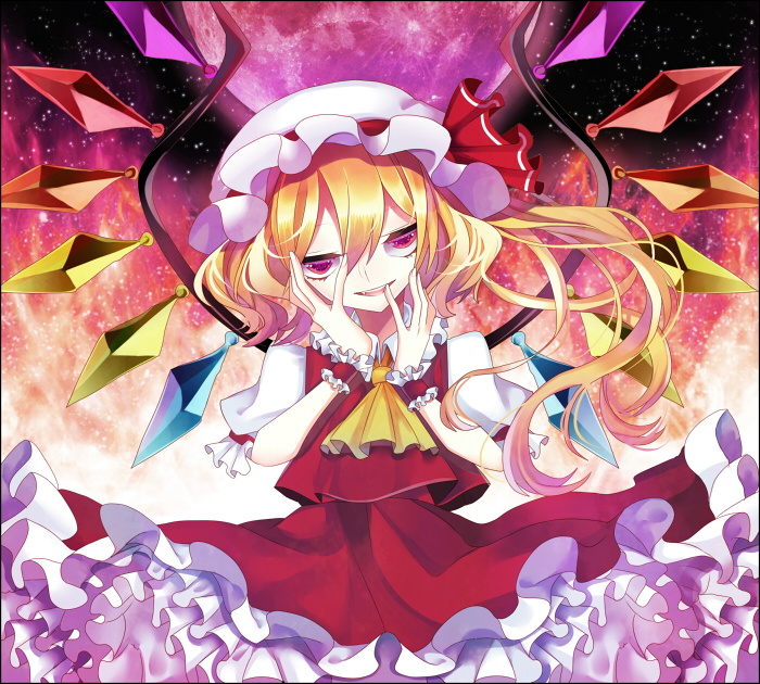 arisusama ascot blonde_hair fang fire flandre_scarlet frame full_moon hat hat_ribbon head_tilt looking_at_viewer moon night petticoat puffy_sleeves red_eyes red_moon ribbon shirt short_sleeves side_ponytail skirt skirt_set sky solo star_(sky) starry_sky touhou wings wrist_cuffs yandere_trance