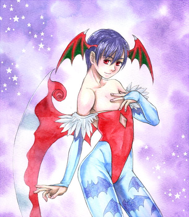 bare_shoulders bat bridal_gauntlets flat_chest hair_between_eyes hand_on_own_chest head_wings kikimimi_612 lilith_aensland pantyhose print_pantyhose purple_background purple_hair red_eyes short_hair solo star traditional_media vampire_(game) watercolor_(medium) weapon