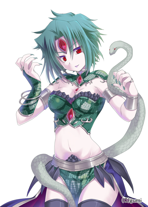 basilisk_(falkyrie_no_monshou) black_legwear breasts character_request falkyrie_no_monshou gem green_hair nail_polish navel open_mouth red_eyes short_hair simple_background smile snake solo soukuu_kizuna thigh-highs thighhighs watermark white_background