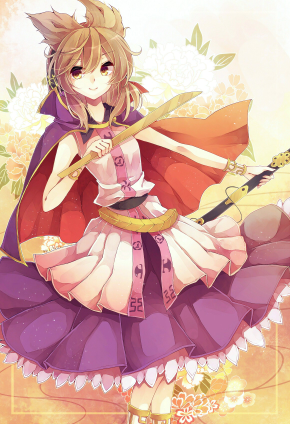 1girl brown_hair cape earmuffs headphones miiko_(somnolent) ritual_baton short_hair skirt sleeveless smile solo sword touhou toyosatomimi_no_miko weapon yellow_eyes