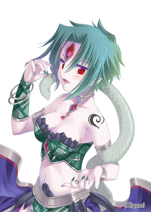 :d basilisk_(falkyrie_no_monshou) blush breasts character_request falkyrie_no_monshou fang gem green_hair looking_at_viewer nail_polish navel open_mouth red_eyes short_hair simple_background smile snake solo soukuu_kizuna watermark white_background