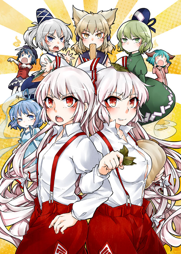 animal_ears blue_eyes blue_hair blush bottle bow brown_eyes brown_hair chibi closed_eyes dress earmuffs fujiwara_no_mokou fujiwara_no_mokou_(cosplay) futatsuiwa_mamizou green_dress green_eyes green_hair hair_bow hair_ribbon hair_rings hair_stick hat japanese_clothes kaku_seiga kariginu kasodani_kyouko kikuichimonji leaf leaf_on_head long_hair miyako_yoshika mononobe_no_futo multiple_girls ofuda open_mouth outstretched_arms pants ponytail red_eyes ribbon ritual_baton short_hair silver_hair skirt smile soga_no_tojiko suspenders tate_eboshi touhou toyosatomimi_no_miko vest wide_sleeves zombie_pose