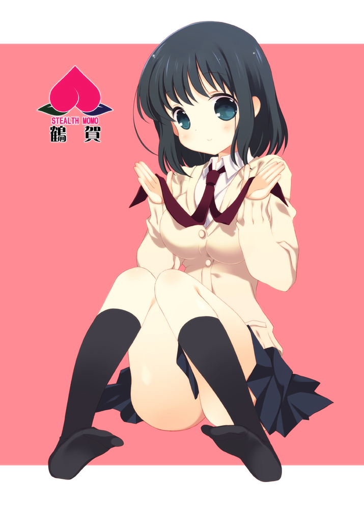 black_eyes black_hair black_legwear blush breasts cardigan looking_at_viewer necktie no_panties saki school_uniform short_hair sitting skirt smile solo sweater tokumi_yuiko touyoko_momoko