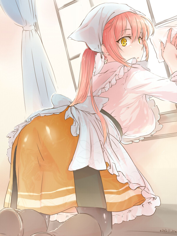 alternate_hairstyle apron bent_over black_legwear boots breasts cleaning copyright_request dated dress holding kouzome_0801 long_hair neon_scala_sumiriya nose ourai_no_n'gah-kthun pantyhose pink_hair solo window yellow_eyes