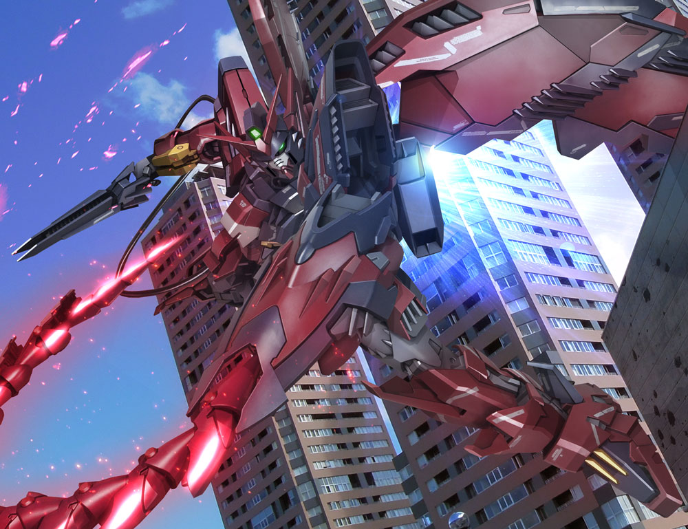 glowing glowing_eyes green_eyes gundam gundam_epyon gundam_wing hiropon_(tasogare_no_puu) mecha no_humans solo spikes wings