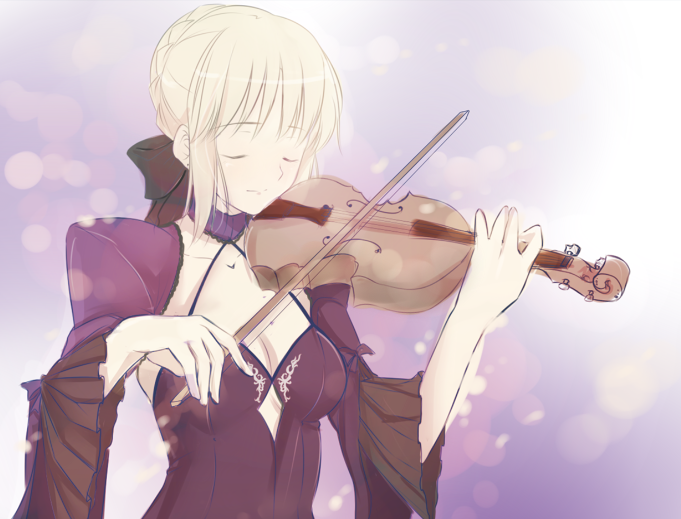 blonde_hair bow braid choker closed_eyes detached_sleeves eyes_closed fate/stay_night fate_(series) french_braid gothic_lolita hair_bow hair_up instrument ladymarta lolita_fashion playing_instrument saber saber_alter solo violin wide_sleeves