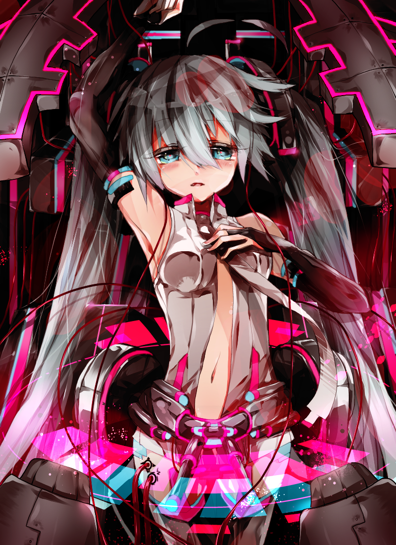 arm_up armpits bridal_gauntlets center_opening hatsune_miku hatsune_miku_(append) long_hair miku_append navel necktie saihate_(artist) solo thigh-highs thighhighs twintails very_long_hair vocaloid vocaloid_append