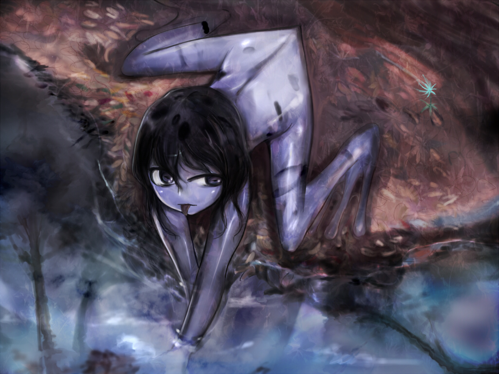 black_hair blue_eyes frog frog_girl long_toes mon-musu_quest! monster_girl nude purple_eyes purple_skin raised_eyebrow short_hair solo tail tongue tongue_out un_do violet_eyes water