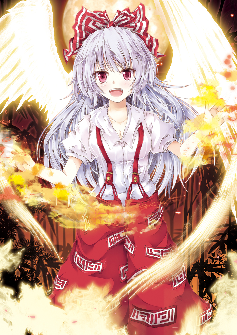 :d bamboo bamboo_forest blush bow fire flame forest fujiwara_no_mokou full_moon hair_bow highres long_hair moon nature open_mouth red_eyes silver_hair smile solo suspenders tamago_gohan touhou white_hair wings