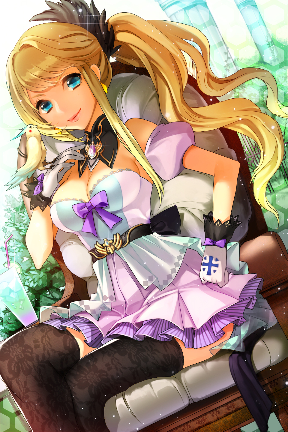 bare_shoulders belt bird_on_hand black_legwear blonde_hair blue_eyes breasts chair cleavage cross crossed_legs ddongu detached_collar detached_sleeves dutch_angle floral_print gloves hand_on_hip highres layered_skirt long_hair lowres pleated_skirt ponytail print_legwear sitting skirt smile solo striped sword_girls thigh-highs thighhighs very_long_hair wavy_hair