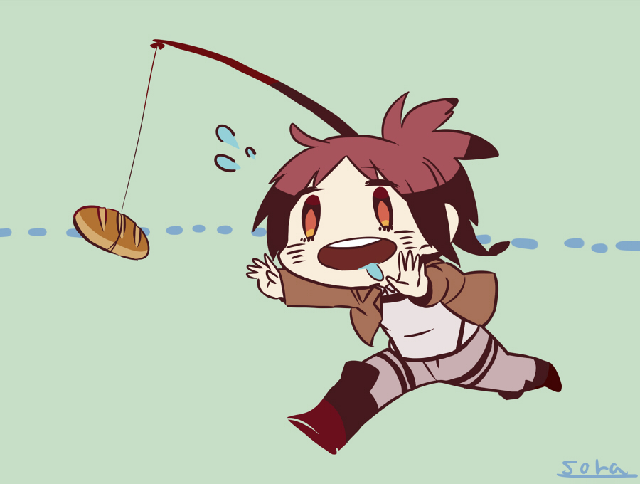 1girl artist_request boots bread chibi drooling fishing_rod food green_background jacket outstretched_hand running saliva sasha_browse shingeki_no_kyojin solo sweatdrop thigh_strap