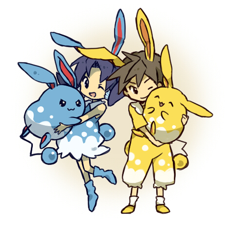 1boy 1girl :3 ;) ^_^ alternate_color alternate_costume azumarill black_hair blue_hair bukiko chibi closed_eyes crystal_(pokemon) dress gold_(pokemon) lowres pokemon pokemon_(creature) pokemon_(game) pokemon_gsc shiny_pokemon smile twintails wink