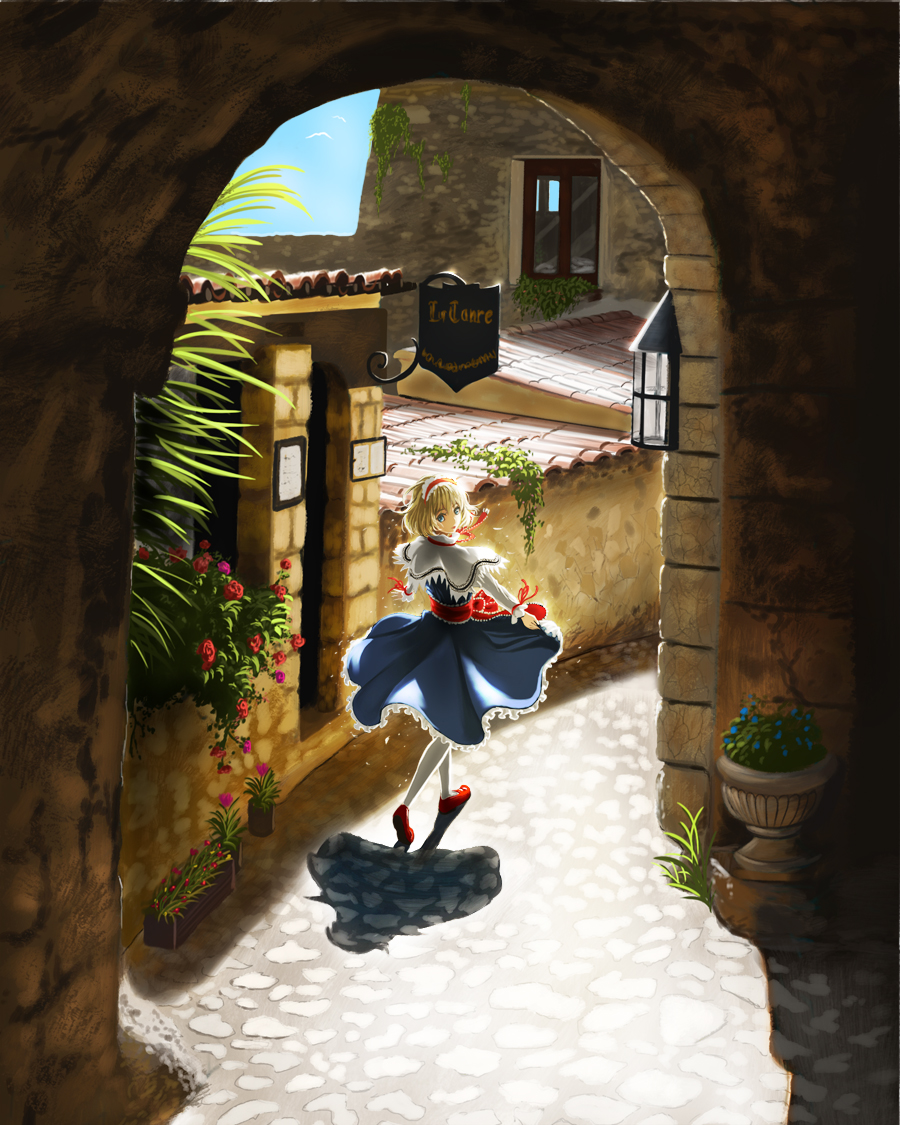 1girl alice_margatroid ascot back bird blonde_hair blue_eyes bow capelet dress flower flower_pot french hair_bow hair_ribbon hairband looking_back mary_janes nauimusuka pantyhose pot ribbon scenery shadow shoes short_hair sky smile solo street text touhou town walking white_legwear